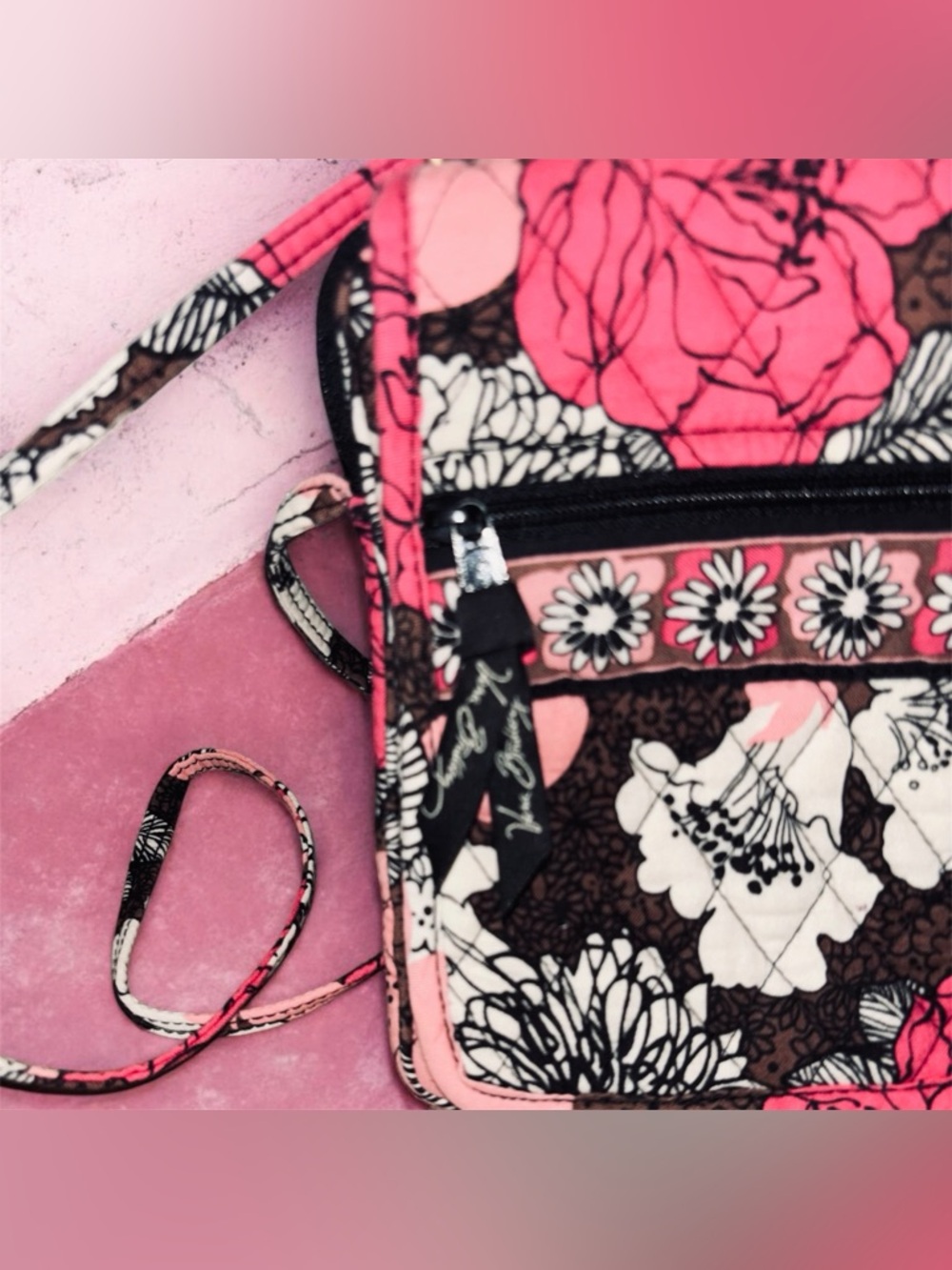 Ver Bradley Pink Floral Quilted Crossbody Bag with Black Accents - Picture 7 of 10